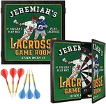 THOUSAND OAKS BARREL CO. Personalized Lacrosse Dartboard - Imprinted Dartboard for Game Room - Dartboard Cabinet Set with Scoreboard, 6 Steel Tip Darts, Chalk, and Eraser (21.5" x 21" x 2.125")