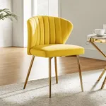 HULALA HOME Velvet Dining Chairs, Modern Small Armless Accent Chair with Gold Metal Legs, Living Room Upholstered Cute Side Chair, Elegant Tufted Back Vanity Chair-Yellow