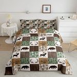 Rustic Patchwork Comforter Set, Bear Moose Down Comforter King For Kids Boys Teens Adult, Farmhouse Hunting Deer Bedding Set Boho Arrows Buffalo Plaid Duvet Insert With 2 Pillow Cases, Brown Green