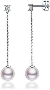 LUCKMORA Pearl Drop Earrings for Women Genuine Silver Dangle Real Round with Long 925 Sterling Silver Chain Cultured Freshwater Pearl Earring Hanging (White-7mm)