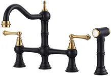 WOWOW Bridge Kitchen Faucet with Sprayer, Brass Kitchen Faucet 4 Hole Bridge Faucet for Kitchen Sink, Black and Gold Kitchen Sink Faucet Two Handle Farmhouse Kitchen Tap