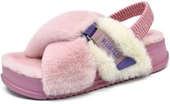 KuaiLu Womens Fuzzy Criss Cross Band Platform Slippers Back Strap Arch Support Furry Faux Fur Ladies Open Toe Slingback Slide Cozy Soft Plush Fleece Comfy House Shoes Sandals Indoor Outdoor Pink 10