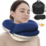 BUYUE Travel Neck Pillows for Airplanes, 360° Head Support Sleeping Essentials for Long Flight, Skin-Friendly, Kit with 3D Contoured Eye Mask, Earplugs and Storage Bag (Large, Blue)