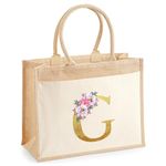 Personalised Jute Tote Bag with Floral Initial - Custom Gold Letter, Womens Hessian Cotton Canvas with Contrast Handles - Ideal for Lunch, Shopping, Beach, Books - Perfect Gift for Her