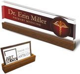 Artblox Personalized Office Desk Name Plate and Business Card Holder | Clear Acrylic Glass with Teak Wood Stand | Doctor Design Customized with Your Name and Credentials Office Desk Decor