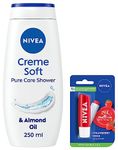 NIVEA Lip Balm, Fruity Strawberry Shine, 4.8g & NIVEA Women Body Wash, Crème Soft Shower Gel, with Almond Oil for Soft Skin, 250 ml