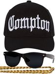 Gravity Threads Men's Compton 80s Rapper Costume Kit - Curved Bill Hat + Sunglases + Chain Necklace Set Black