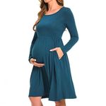 Bearsland Women’s Long Sleeve Maternity Dress Patchwork Pregnancy Dress with Pocket, Vivid Blue, XXL