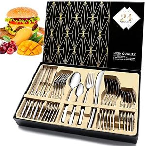 Ménagère de 24 Pièces pour 6 Personnes, Couverts de Table Acier Inoxydable, Ensemble de Couverts avec Couteau, Comprend Couteau, Fourchette, Cuillère, Cuillère à Café, Va Au Lave-Vaisselle
