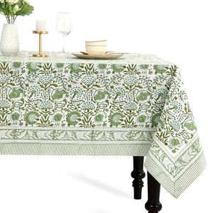 CPC Tablecloth 100% Cotton 72x190 Inch Indian Block Print Rectangle Table Cover, Green Table Cloth for Weddings, Thanksgiving, Christmas- Agate Green