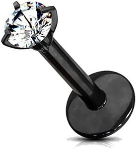 FIFTH CUE 16GA Prong Set Round Clear Gem Top Grade 23 Solid Titanium Internally Threaded Labret Monroe Cartilage Stud (Black/Clear | 1/4" (6mm) | 3mm)