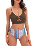 ZAFUL 2 Piece Swimsuit High Waisted Tummy Control Bikini Sets for Women O Ring Cutout Cheeky High Cut Bathing Suits, 2-brown-ethnic, Large