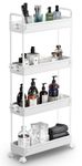 SOLEJAZZ 4-Tier Storage Trolley Cart Slide-out Slim Rolling Utility Cart Mobile Storage Shelving Organizer for Kitchen, Bathroom, Laundry Room, Bedroom, Narrow Places, Plastic, White