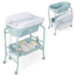 BABY JOY Baby Bathtub with Changing Table, Foldable Infant Diaper Changing Station with Storage Tray, Waterproof Pad, Portable Newborn Nursery Organizer Bath Stand with 4 Universal Wheels (Blue)