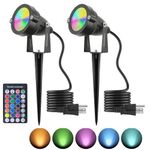 TENSUL Landscape Spotlight 10W LED Color Changing Outdoor Christmas Spot Lights Timer Remote IP65 Waterproof RGB Metal Case Spotlights with Stake Stand for Yard Garden Lawn House, 2 Lights