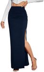 OYOANGLE Women's High Waisted Side Slit Ruched Bodycon Long Maxi Skirt Party Nightout Skirts Dark Blue Tall-S