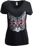 Red Linda Glasses Cat | Sassy Funny Kitty Belcher Cute V-Neck T-Shirt for Women-(Vneck,S)