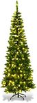 6Ft/1.8m Pre-Lit Artificial Slim Christmas Tree Green Pencil Tree, Pointed Tips, Metal Stand Warm White LEDs Lights Holiday Home Decorations
