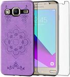 Asuwish Compatible with Samsung Galaxy Grand Prime J2 Prime Case and Tempered Glass Screen Protector Thin Slim Soft TPU Flower Rugged Leather Cell Phone Cover for Glaxay 2 2J Plus Women Men Purple