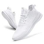 FUJEAK Mens Trainers Shoes Walking Running Gym Slip on Tennis Sneakers Joggers Sport Casual Outdoor Fashion Jogging Shoes Lightweight Breathable Comfortable White Size 9 UK