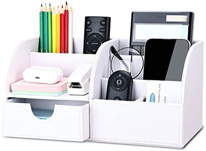 KINGFOM Pu Leather Desk Organizer Pen Pencil Holder Office Supplies Caddy Storage Box 6 Compartments with Drawer White (Full Pu Leather)