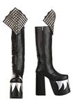 KISS Demon Boots for Men's Cosplay Costume, Gene Simmons Black Platform Boots with Silver Flame Design Size 10