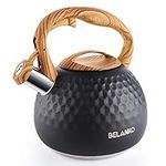 Tea Kettle, 3 Liter BELANKO Teapot Whistling Kettle with Wood Pattern Handle Loud Whistle, Food Grade Stainless Steel Tea Pot for Stovetops Induction Diamond Design Water Kettle - Black