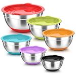 Onader Mixing Bowl Set of 6, Stainless Steel Nesting Salad Bowl with Airtight Lids & Non-Slip Silicone Base, Metal Serving Bowl for Baking/Cooking/Food Prep, Size 0.7/1.2/1.6/2.5/2.8/4.6QT - Colorful