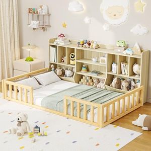 iPormis Twin Montessori Floor Bed for Kids with Bookcase, Storage Shelves & High Safety Rails, Wooden Floor Bed Frame for Girls, Boys, No Box Spring Needed, Easy Assembly, Natural