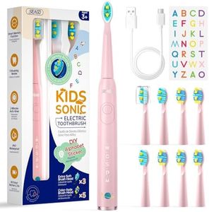 Seago Kids Electric Toothbrush Rechargeable, Children's Power Toothbrushes with Funny DIY Stickers, 2 Mins Smart Timer, 8 Replacement Brush Heads for Ages 3-12 Junior Boys Girls SG2303(Pink)