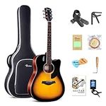 Rosen Solid Top Dreadnought Acoustic Guitar 41 Inches Spruce Guitar Beginner Bundle with Book, Padded Bag, Strings, Picks, Tuner, Hexwrench, Strap, Polishing Cloth, Sunburst