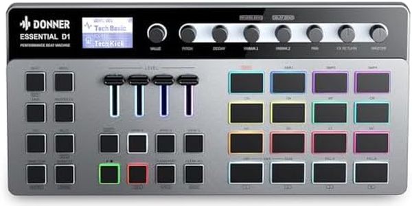 Donner Essential D1 Performance Beat Machine, Step Sequencer& Finger Drum Machine Combined, with LCD Display, 16 RGB Beat Pads, 5 Endless Encoders, 12 Tracks Sample, Reverb& Delay Effects