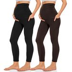 QGGQDD 2 Pack Maternity Leggings Over The Belly with Pockets, Womens Black High Waisted Workout Pregnancy Pants, Black/Brown, Large