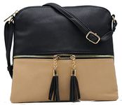 Kitty Lightweight Crossbody Bag Medium Dome Shaped Shoulder Purse with Tassel | Adjustable Strap | Zipper Pocket (Black + Tan)