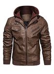 Hood Crew Men’s Stand Collar PU Faux Leather Zipper Motorcycle Bomber Jacket With a Removable Hood