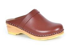 Troentorp Clogs Da Vinci Bastad Slip On Closed Toe Leather Womens Original Swedish Wooden Clogs, Brown, 6