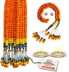 DIYANA IMPEX Marigold Garland for Decoration 5 Feet Long Artificial Marigold Flowers 2 Pc, Christmas Decorations Indian Décor for Pooja, Wedding, Events, Diwali, Halloween Decor with 2 Diyas