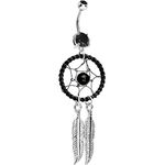 14ga Belly Navel Ring with Black Twisted Dream Catcher and Black CZ Gem - 316L Surgical Steel