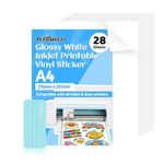 TECKWRAP Printable Vinyl Sticker Paper for Inkjet Printer Glossy White Inkjet Printable Sticker Paper Waterproof 8.26" x 11.69" A4 Size 28Pcs/Pack for Craft Sticker, Scrapbooking, Craft Cutters