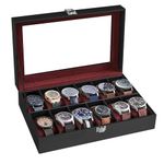 SONGMICS Watch Box with 12 Slots, Watch Case with Glass Lid, Watch Display Box with Removable Watch Pillows, Metal Clasp, Gift Idea, Black Synthetic Leather, Wine Red Lining JWB120R01