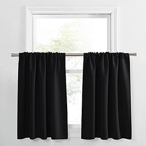 PONY DANCE Black Out Curtain Short - Window Treatment Rod Pocket Home Decor Small Panels Valances for Nursery/Bay Windows Bathroom, 42"W X 30"L, Black, 2 Pieces