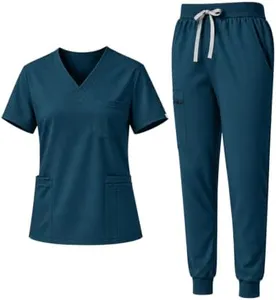 Eadflie Scrubs for Women Set - 8-Pocket V-Neck Scrub Uniform, Stretch Jogger Pants, Medical Workwear for Nurses, Pet Care (Caribbean Blue/S)