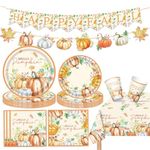 Thanksgiving Autumn Party Tableware Set,70pcs Autumn Pumpkin Maple Leaves Paper Plates Cups Napkins Tablecloth and Happy Fall Banner Party Kit Thanksgiving Harvest Festival Décor,Autumn Table Décor