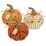 Oairse Pumpkins Fall Decoration, 3PCS Decorative Corn Cob Pumpkins Resin Fake Pumpkins Autumn Home Rustic Decor for Thanksgiving Harvest Halloween Table Centerpieces Shelf Indoor Outdoor Porch