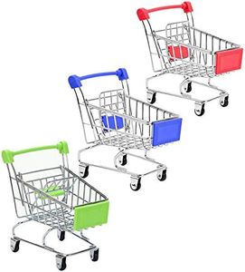 SKYCOOOOL 3 Pcs Mini Shopping Cart, Colorful Metal Shopping Cart Toy Mini Shopping Handcart Mode Tiny Ulitily Trolley Toy for Kids Desk Storage(Red,Blue,Green)