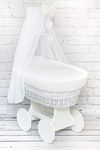 Wicker Wheel Stand Moses Basket Baby Bassinet Crib with Full Cotton Bedding Sets Liner Cover Mattress Canopy - Dimple White/White