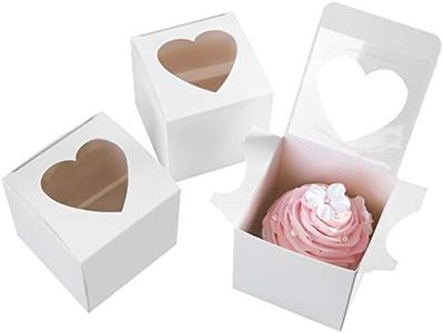 ONE MORE 3"Mini Single Favor White Cupcake Boxes with Heart Shape Window without Handle,Small Cupcake Box Carrier Individual Containers 3X3X3inch,Pack of 25