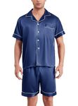 Sopesil Pyjamas for Men Satin Pyjama Sets Short Sleeve Button Down Silk Pjs Soft Classic Two Piece Sleepwear and Loungewearr, Navy blue, M