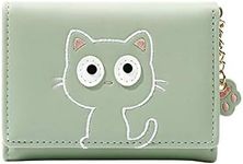 Cute Cat Girls Wallet for Teens Kids Women Slim Tri-Fold Wallet Purse Card Holder Organizer with Paw Pendant, Green, One Size, Card Case Wallet