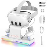 GEEKERA Charging Dock for Meta Quest 3, VR Headset & Controllers Charging Stand with RGB LED Light [On/Off], VR Accessories with 2 Rechargeable Batteries for Oculus Quest 3, Fast Charging Station